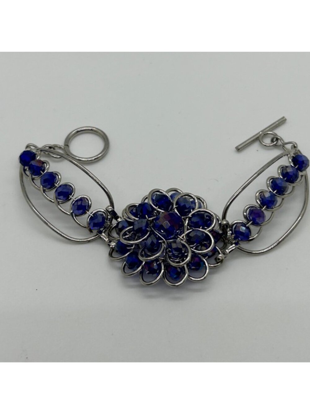 Handcrafted Silver-Tone Blue Rhinestone Crystal Floral Rosette Toggle Clasp Stat - Picture 10 of 12